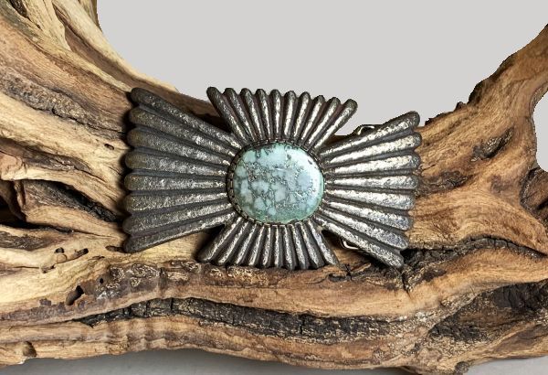 VINTAGE STERLING SILVER & NATURAL TURQUOISE BELT BUCKLE by EDISON SMITH -  NAVAJO